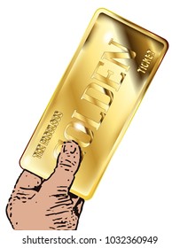 A Hand Holding A Winning Golden Ticket And Debit Cards Over A White Background