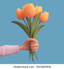 Hand Holds A Beautiful Bouquet Of Spring Yellow Tulips On A Blue Background. International Women's Day, Valentine's Day. Gift Of Flowers. Minimal Art Style. 3d Illustration Of Online Flower Delivery.