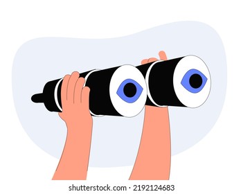 Hand Is Holds Binoculars. Vision, Research, Observation, Discovery And Exploration Icon Concept. Thin Line  Illustration On White. Strategic Business Planning, Mission, Vision Statement. 