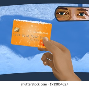 A Hand Holds A Credit Card That Was Used To Scrape Frost And Ice Off Of A Car Windshield. Illustrates How Useful Owning A Credit Card Can Be.