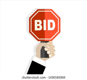 Hand Holds Paddle With BID Inscriptions. Auction Competition. Business Bidding Process. Buying Things By Offering Price, Trade. Illustration. Flat Style Design