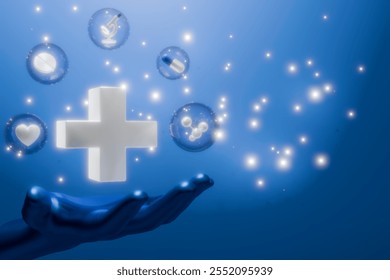 A hand holds a plus sign surrounded by health symbols, representing health awareness and care. 3d rendering - Powered by Shutterstock