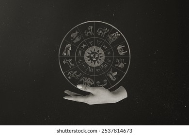 A hand holds a zodiac wheel with astrological symbols on black cosmic background. The zodiac wheel features various zodiac signs. Astrology and zodiac symbols in a cosmic setting. - Powered by Shutterstock