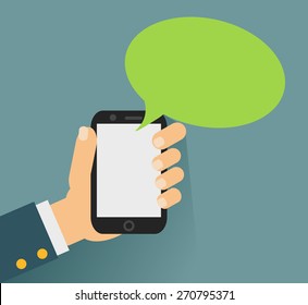 Hand Holing Smartphone With Blank Speech Bubble For Text. Using Smart Phone Similar To Iphon For Text Messaging.  Flat Design Concept.