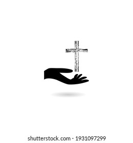 Hand and holy cross icon with shadow