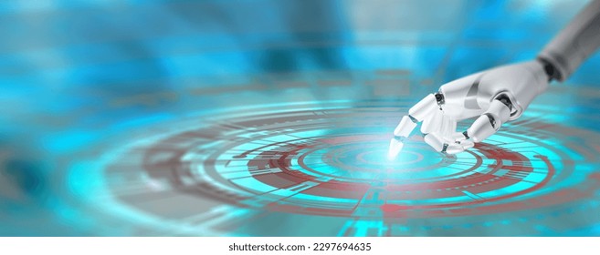 Hand of Humanoid AI Robot activates the system: Advancements in Automated Digital Industry, Augmented Reality Technology, Featuring NFTs, Cybersecurity, VPN in the Metaverse and Cyber Space.