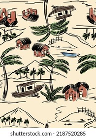 Hand Illustration Seamless Pattern Of A Paradise Island With Little Houses And Boats