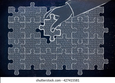 hand inserting missing piece of jigsaw puzzle with lines of binary code to fill a gap, metaphor illustration about software development and fixing bugs