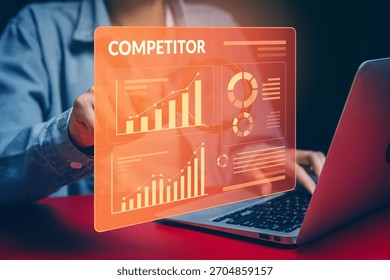 Hand interacting with competitor analysis display, market comparison insight, strategic advantage review, performance measurement, business intelligence, competitor concept