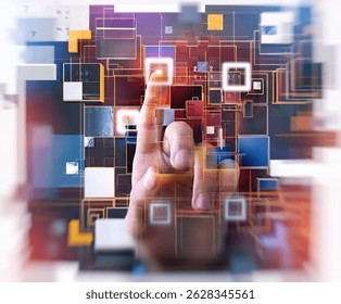 Hand interacting with digital touchscreen interface. UI system, layered data visualization virtual grid design. AI human-machine interaction, fintech, digital transformation, information technology