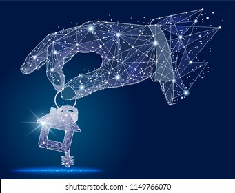 hand with keys from the house abstract design , logo isolated from low poly wireframe on space background.  abstract polygonal image mash line and stars. Digital graphics illustration.For Banner, Card - Powered by Shutterstock