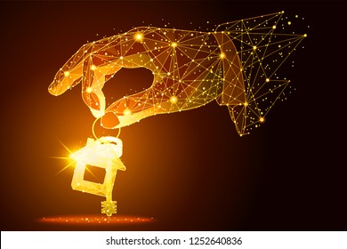 hand with keys from the house a golden dust effect. Polygonal wireframe from dots and lines, abstract design. Digital graphics  illustration. For Poster, Cover, Label, Sticker, Business Card - Powered by Shutterstock