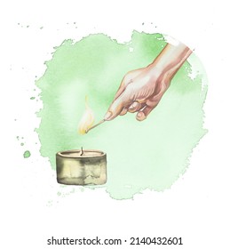 Hand lights a candle design Yoga themed illustration. Calmness and meditation concept clipart. Spa branding.