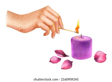 Hand lights a candle. Spa relaxation, fragrance, wellness, body care and yoga meditation. Spiritual atmosphere. Balance and harmony. Candle flame. Hand drawn illustration