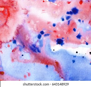 Hand Made Abstract Watercolor Background In Blue And Red Colors With Splashes