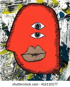 The Hand Made Applique Illustration Of The Observing Surreal Red Face Made With The Different Paper Textures And Ink Pen 