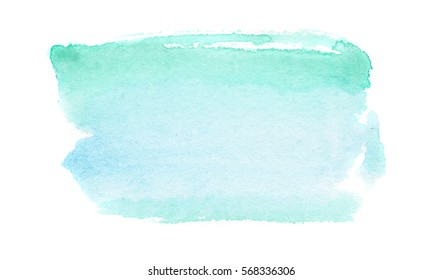 hand made brushstroke watercolor stain in turquoise blue color, isolated on white background, abstract element for trendy design
