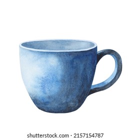 Hand Made Ceramic Blue Cup Clay Isolated On White Background. Craft Mug. Watercolor Illustration For Greeting Card, Design Menu, Textiles, Poster