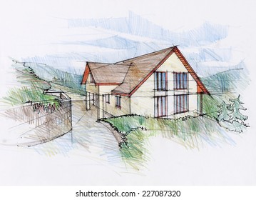 Hand Made Drawing Of A House. Design Sketch By An Architect.