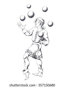 Hand Made Drawing Of Medieval Juggler In White Bacground