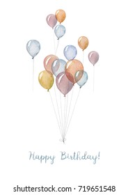 A Hand Made Happy Birthday Card With Illustration Of Watercolor Balloons. 