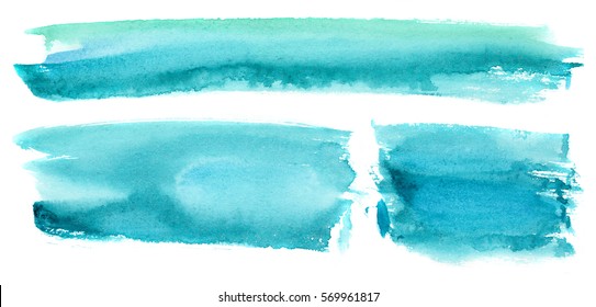 hand made watercolor brush stroke stains in turquoise blue color, isolated on white, artistic abstract background