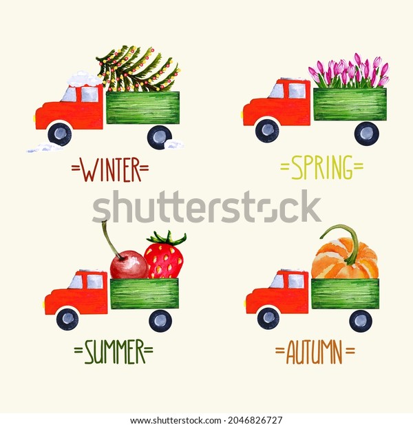 Hand made\
watercolor set of Seasons\
Vehicles