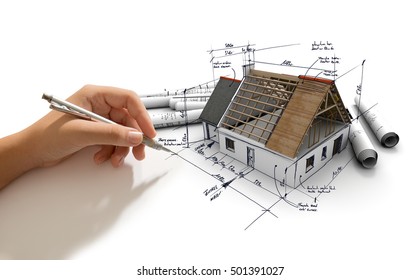 Hand making notes on an architecture model  3D rendering