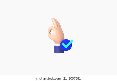 Hand making OK gesture and check mark Isolated on White background, cartoon, Okay, 3d rendering.