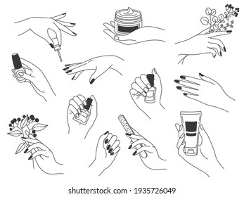 Hand manicure and care. Female logos for nail cosmetics and beauty spa salon. Hands paint, file nails, holding polish and cream,  set - Powered by Shutterstock