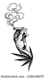 Hand With A Marijuana Joint. Ink Black And White Drawing