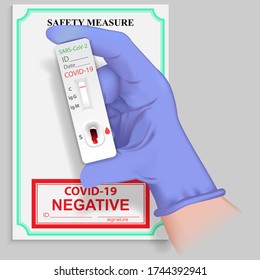 Hand In Medical Glove Holding Rapid Test For Antibodies To Coronavirus With Negative Result. Diagnostics Covid 19 Virus. No Infectious Disease Sars 2019-nCoV. 3D Illustration. Rasterized Version.