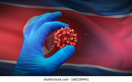 A Hand In A Medical Glove Holds A Molecule, Medical Science Concept, On Background Flag Of North Korea. 3D Illustration.