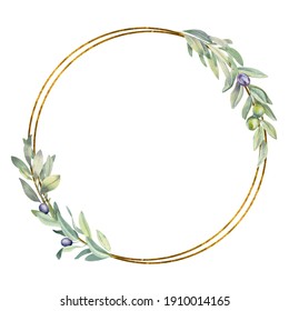 Hand paint watercolor gold frame with olive branches and leaves on white background. Perfect for creating cards, print, wedding and fashion design.