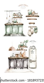 Hand Paint Watercolor Scandinavian Modern Kitchen Set. Isolated Furniture For Interior.  Vintage Interior Bohemian Background With Mid Century Modern Furniture Interior Decor Scene.Cozy 