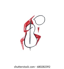 Hand paint watercolor stick figure illustration. Red people. Man with the bass. Heart. Speech. (Can be used as texture for cards, invitations, DIY projects, web sites or for any other design.)