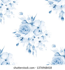 Hand painted allover seamless watercolor cyanotype rose flower bunch with leaves on a white background in repeat