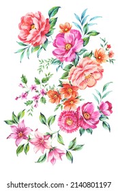 hand painted arttistic mixed media floral bouquet motif in multicolor with lush peonies, roses, wild flowers with trailing small flowers on white background