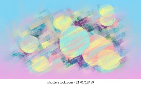 Hand Painted Balls Pattern. Bright Iridescent Paint Strokes, Acid Pastel Palette Painting On Canvas. Acrylic Art, Brush Doubs And Smears Grungy Background