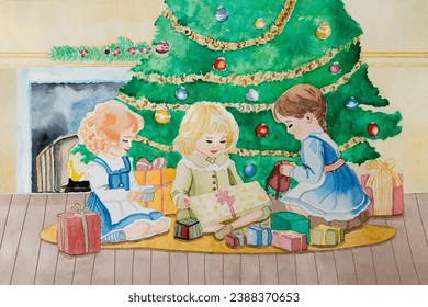 Hand painted beautiful watercolor painting in vintage style shows 3 children in front of a Christmas tree in the living room. The children are wearing clothes and hairstyles from the 1930s. - Powered by Shutterstock