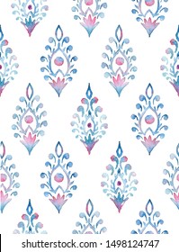 Hand painted block print style Persian ornamental allover seamless traditional buta pattern in repeat on white background