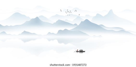 Landscape View Silhouettes Mountains Next Lake Stock Illustration ...