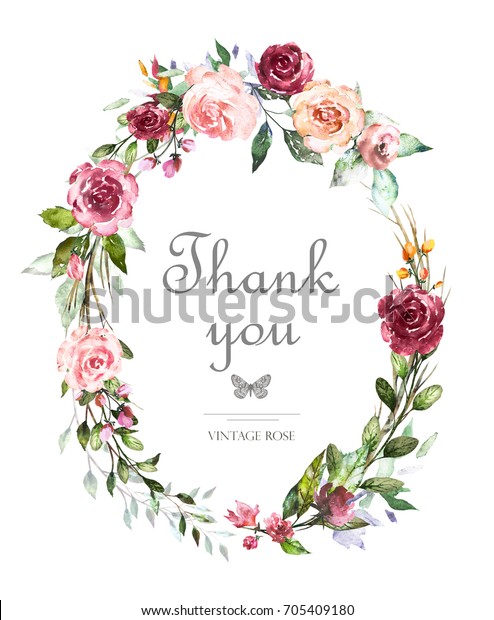 手描きのカード ピンクのバラと葉を使った水彩の招待状デザイン テキスト用の花柄のエレメントを持つ背景に花 水彩イラスト ビンテージテンプレート 花と丸い枠の花輪 のイラスト素材
