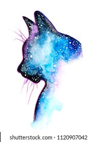 Hand Painted Cat Silhouette With Galaxy Watercolor Effect