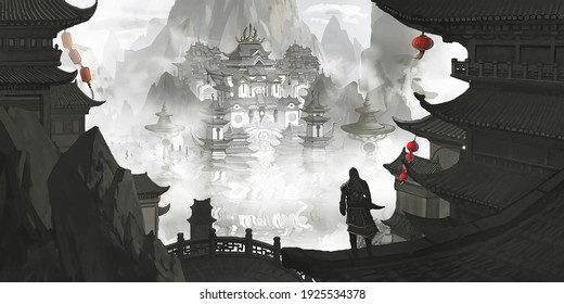 Hand Painted Chinese Style Ancient Architecture Overlooking The City