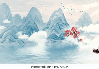 Hand Painted Chinese Style Blue Mood Landscape Painting