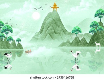 Hand Painted Chinese Style Green Elegant Landscape Solar Term Illustration