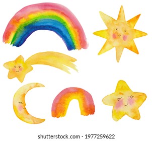Hand Painted  Collection Of Watercolor  Elements Stars, Rainbow, Comet, Star, Crescent Isolated On White Background.