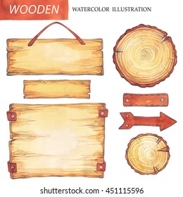 Hand Painted Collection Watercolor Wood Planks Clipart. Wooden And Leather Pointer, Board, Frame. Rustic Illustration. Perfect For Blogs,lettering,pattern, Wedding Invitation.