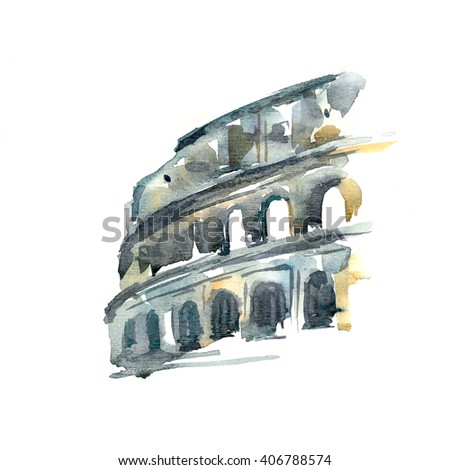 Hand painted color sketch of Colosseum, Rome, Italy. White background. 